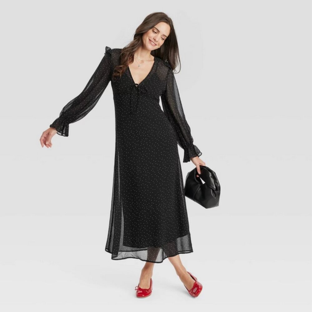 Women's Long Sleeve Sheer Maxi Dress - A New Day Black White Polka Dot S